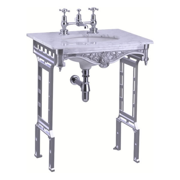 Burlington Carrera marble top & basin with brushed aluminium washstand (shown without back and side splash)-0
