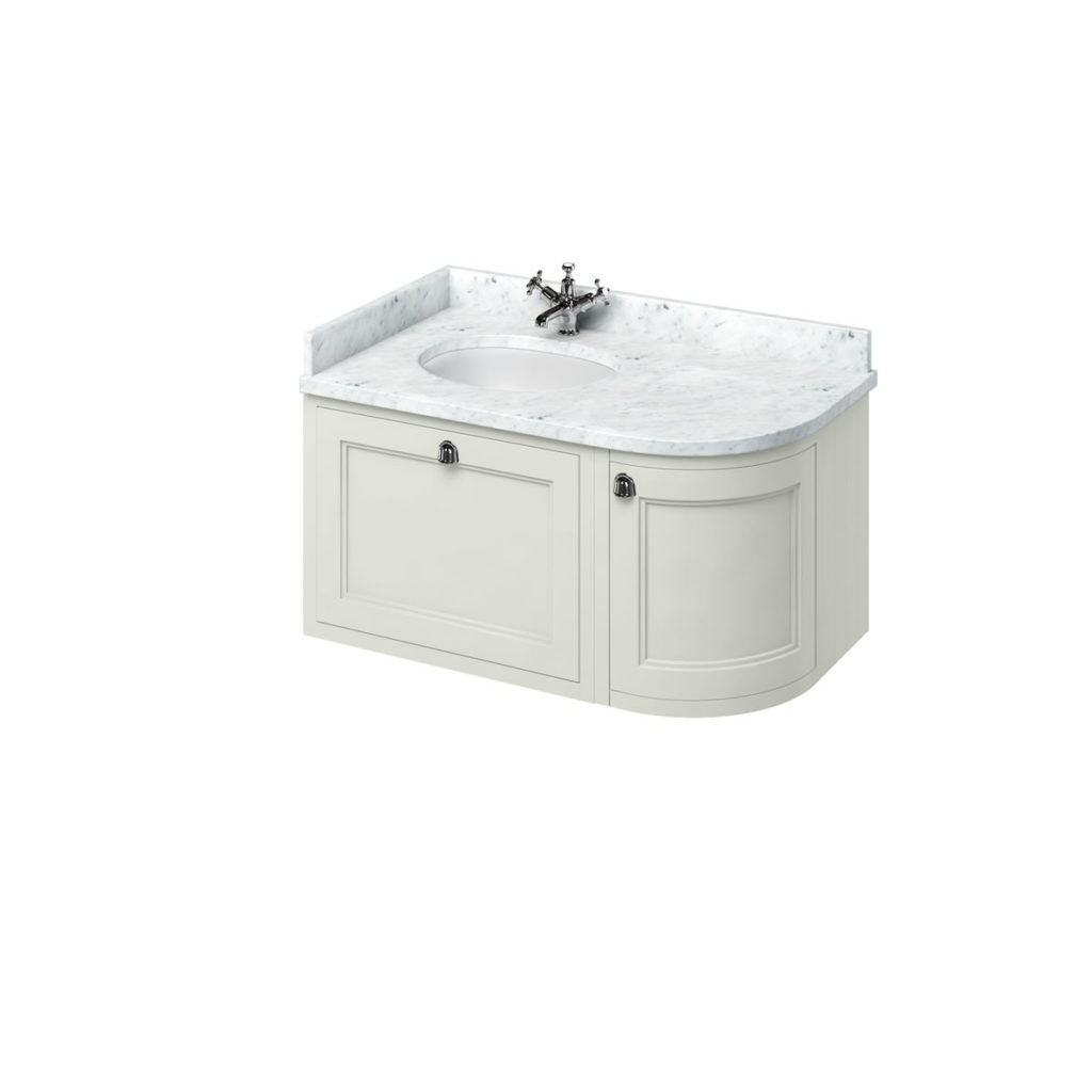 Wall hung 100 curved corner vanity unit left hand sand