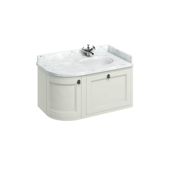 Wall hung 100 curved corner vanity unit right hand - sand and minerva carrara white worktop with integrated white basin-0