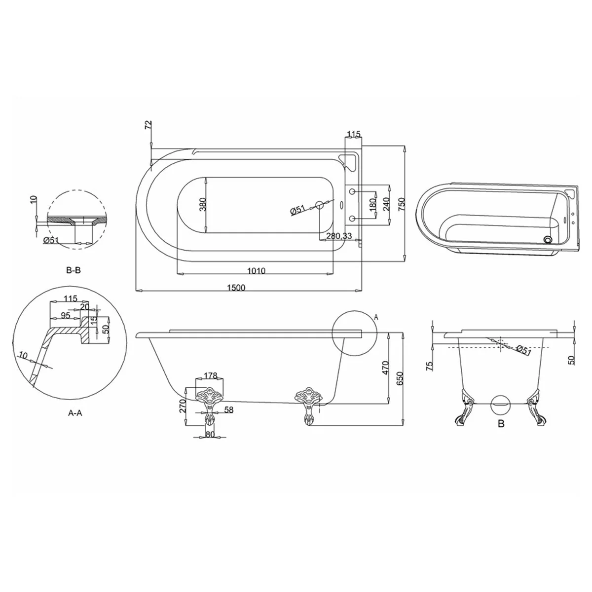 Burlington Hampton 1500 Right Hand Back to Wall Showering Bath with Traditional Nickel Feet - Image 2