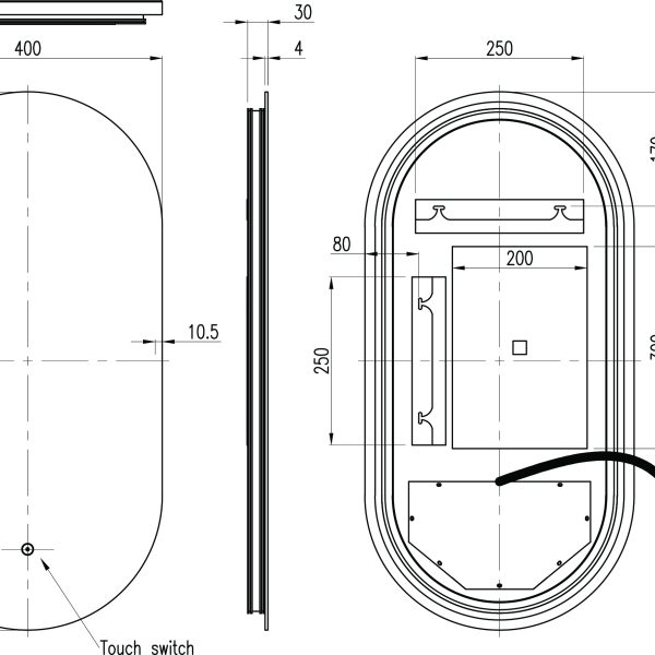 Raffy 400x800mm Illuminated Backlit LED Oval Touch Mirror with Demister - Image 3