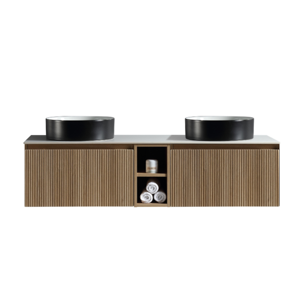 Flauto 1400mm 2 Drawer Wall Hung Double Vanity Unit with Storage Box & Sintered Stone Countertop
