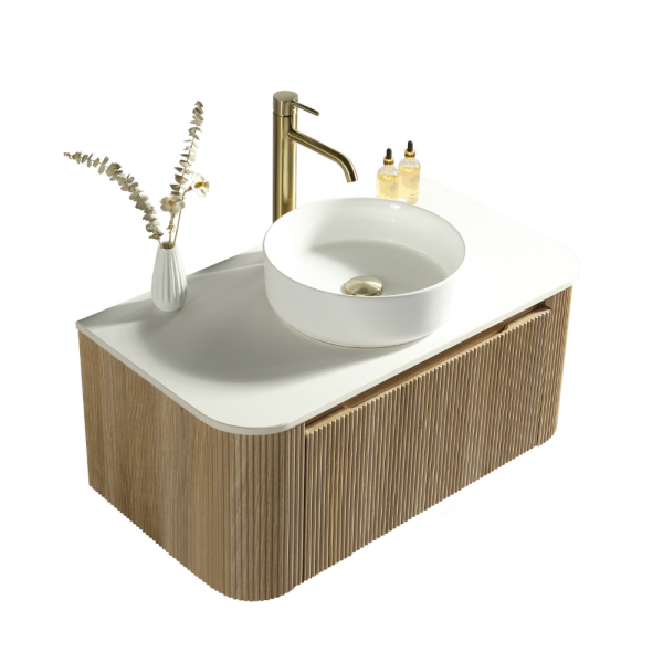Flauto 870mm 1-Drawer Fluted Wall Hung Curve Corner Vanity Unit with Sintered Stone Countertop