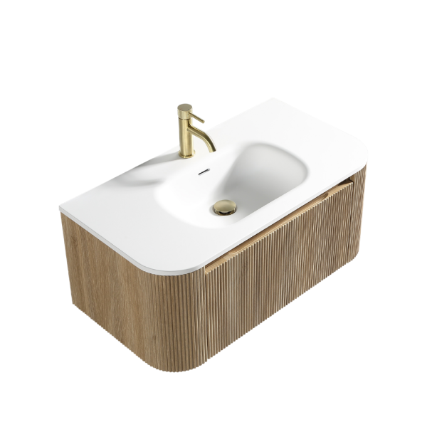 Flauto 870mm 1-Drawer Fluted Wall Hung Curve Corner Vanity Unit with Matt Basin